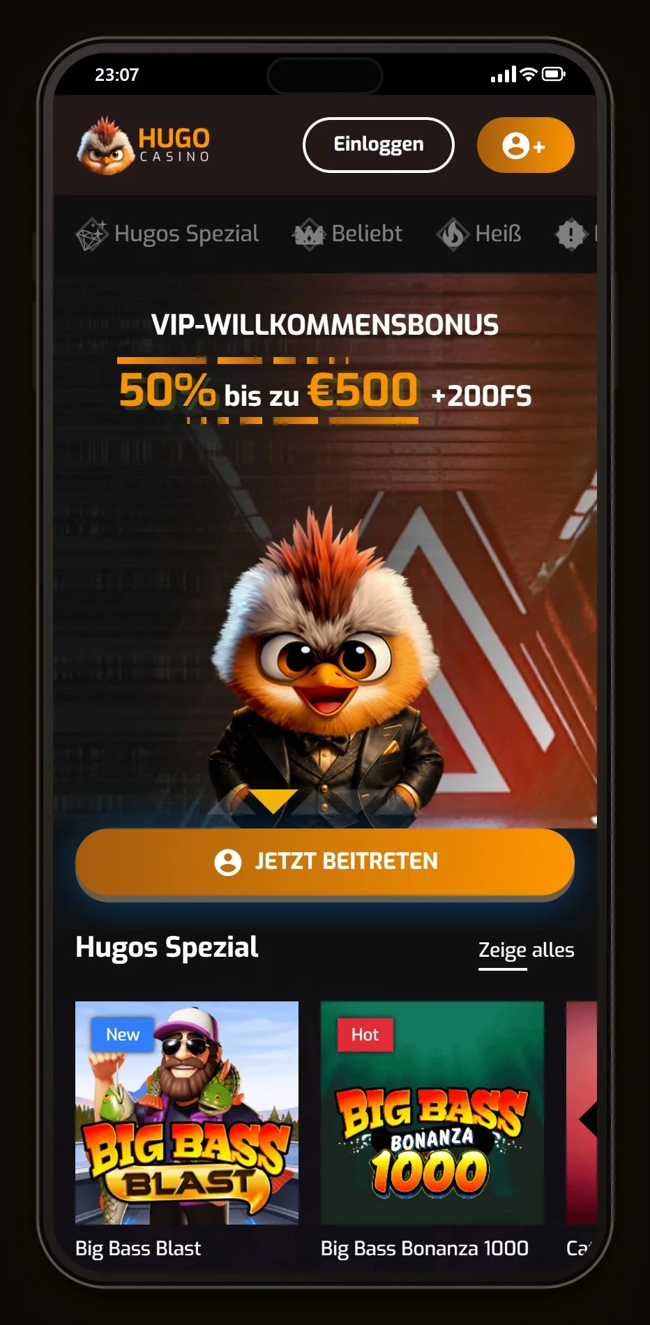 Casino Jeton: die Startseite des Casinos Hugo Casino