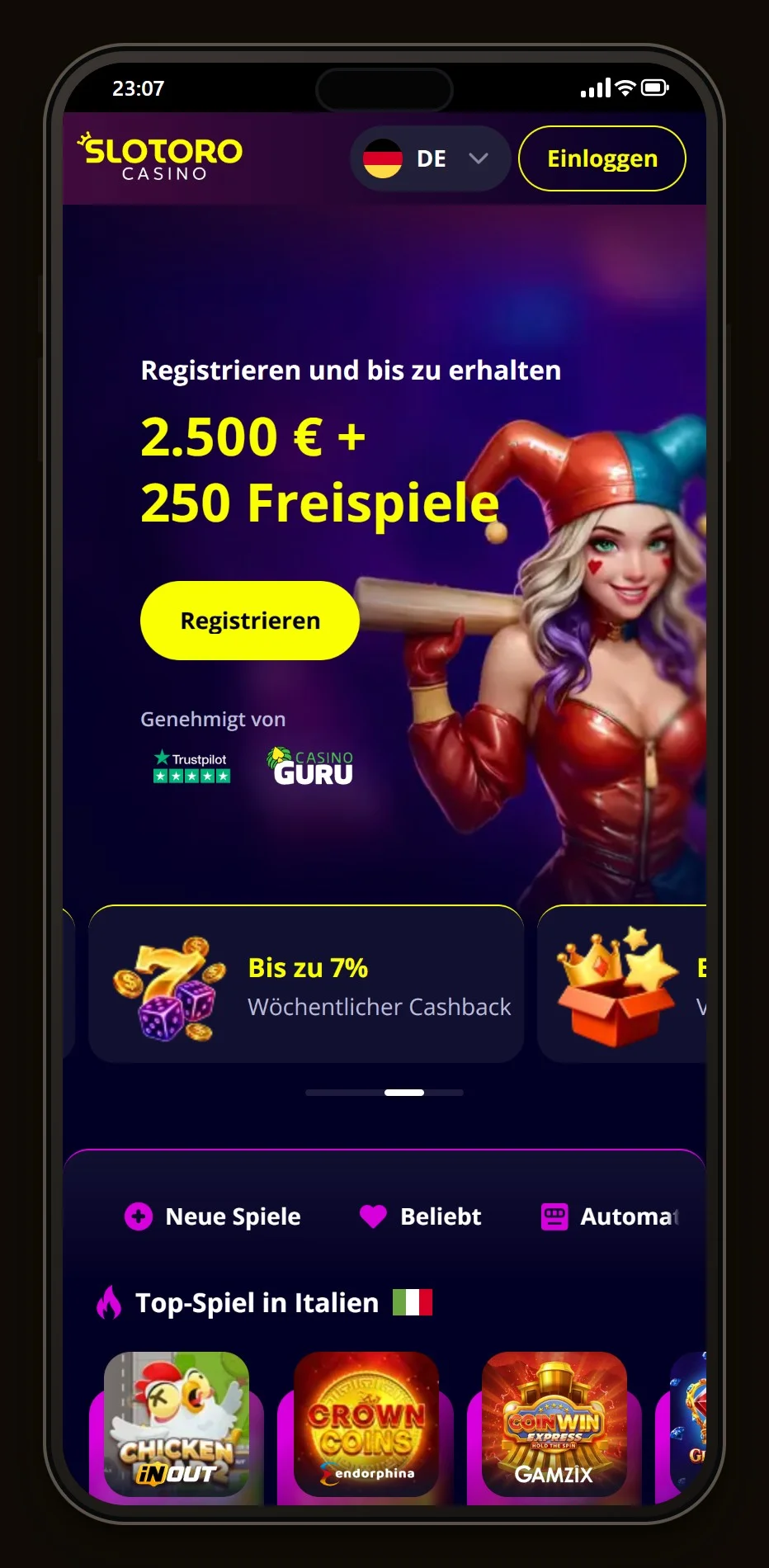 Jeton Cash Voucher Casino: Startseite von Slotoro