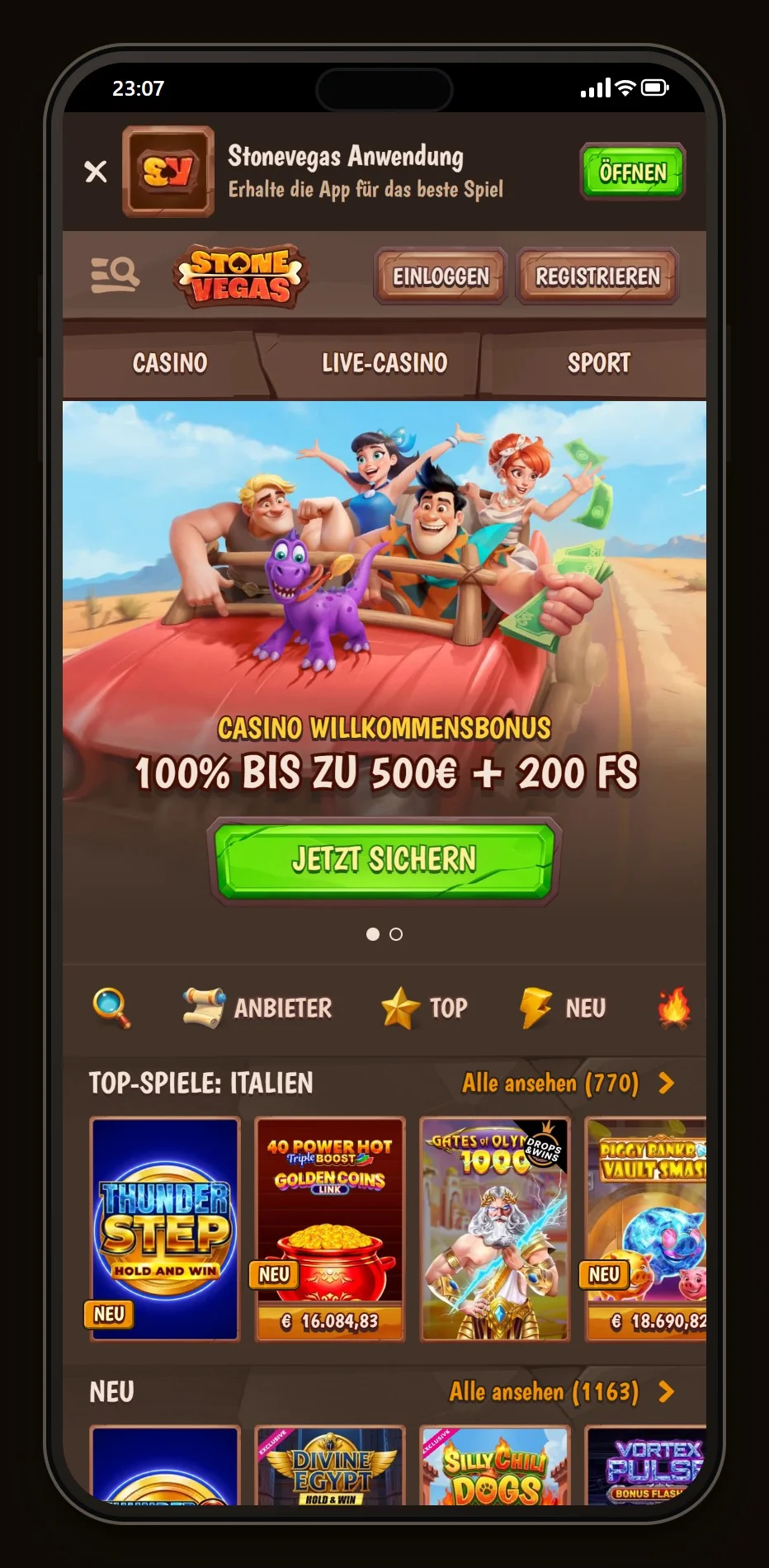 Online Casino mit Jeton: die Startseite des Casinos StoneVegas