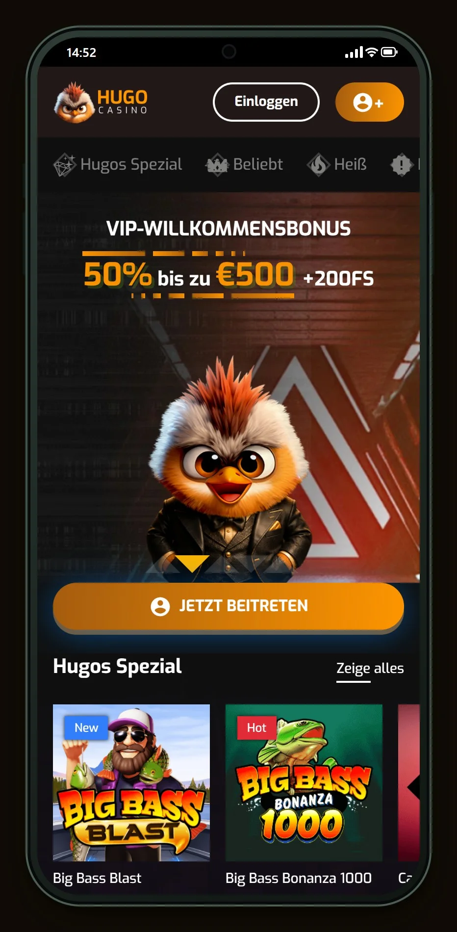 Jeton Online Casinos: die Startseite des Casinos Hugo Casino