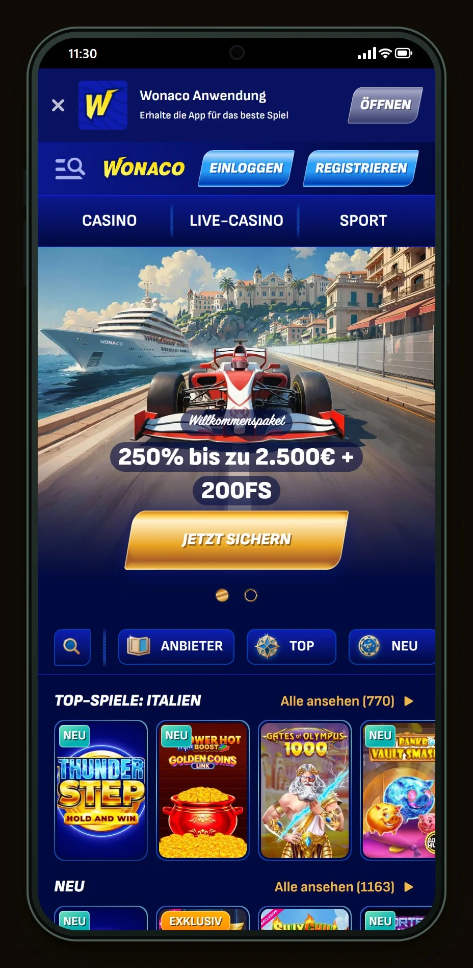 Online Casino mit Jeton Einzahlung: Startseite von Wonaco