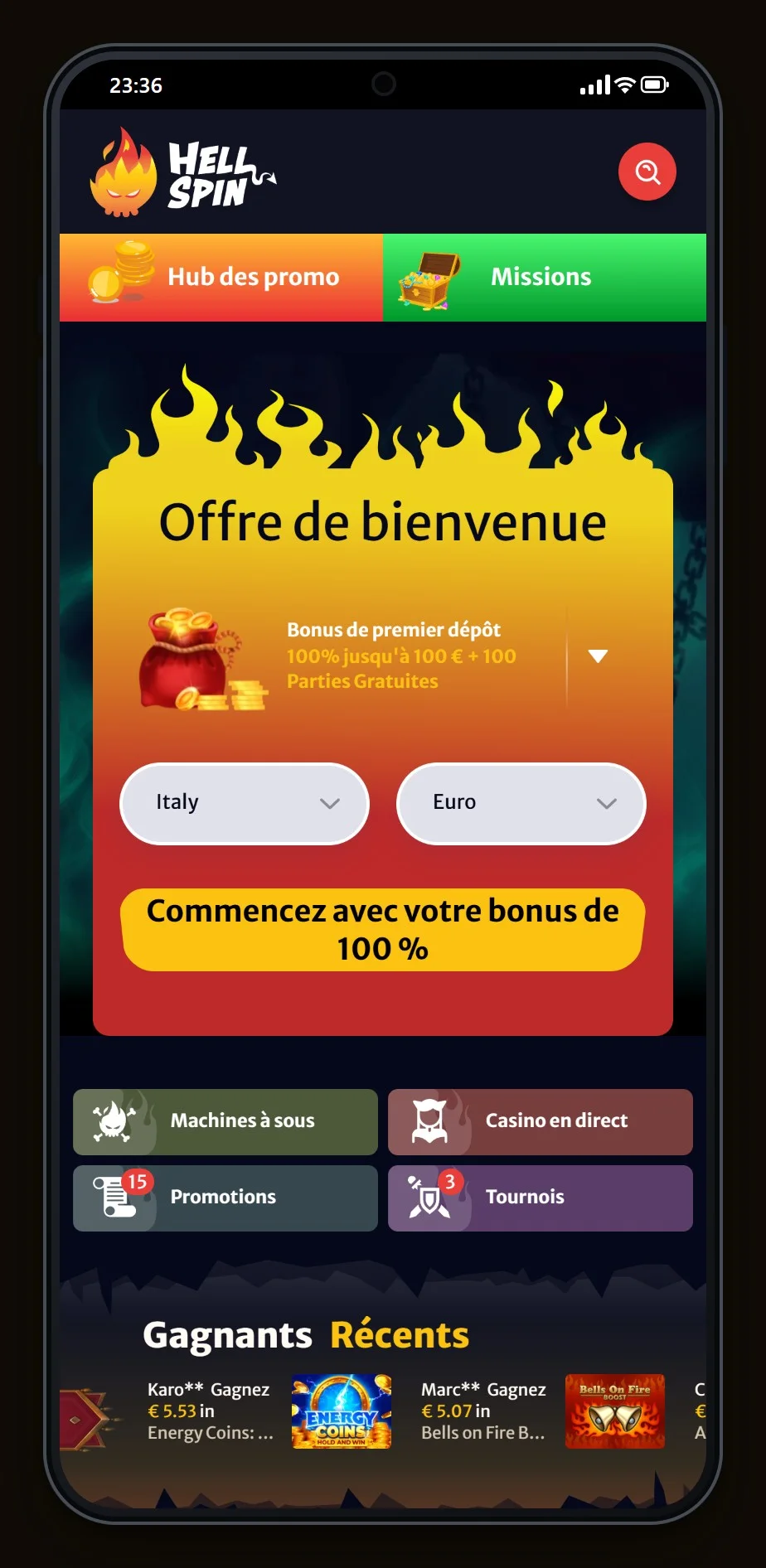 jeton casino: la page d'accueil du casino HellSpin