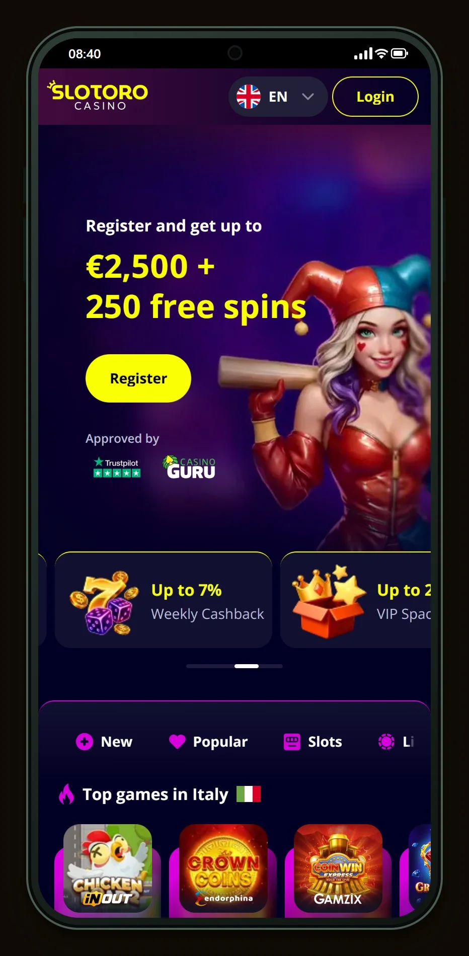 jeton casinos ireland: the Slotoro homepage