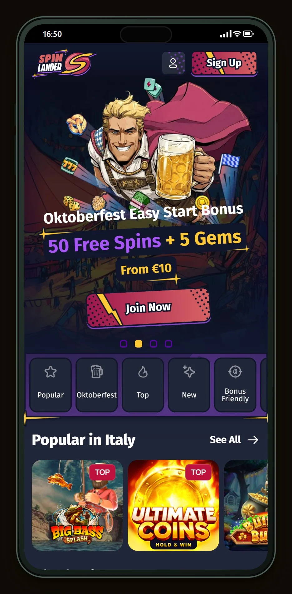 jeton casinos: de homepage van casino SpinLander
