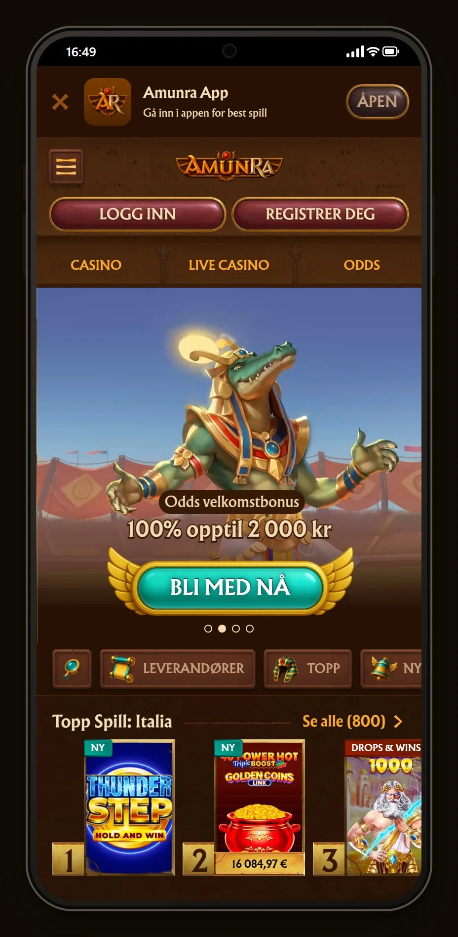 jeton casino: forsiden til casinoet AmunRa