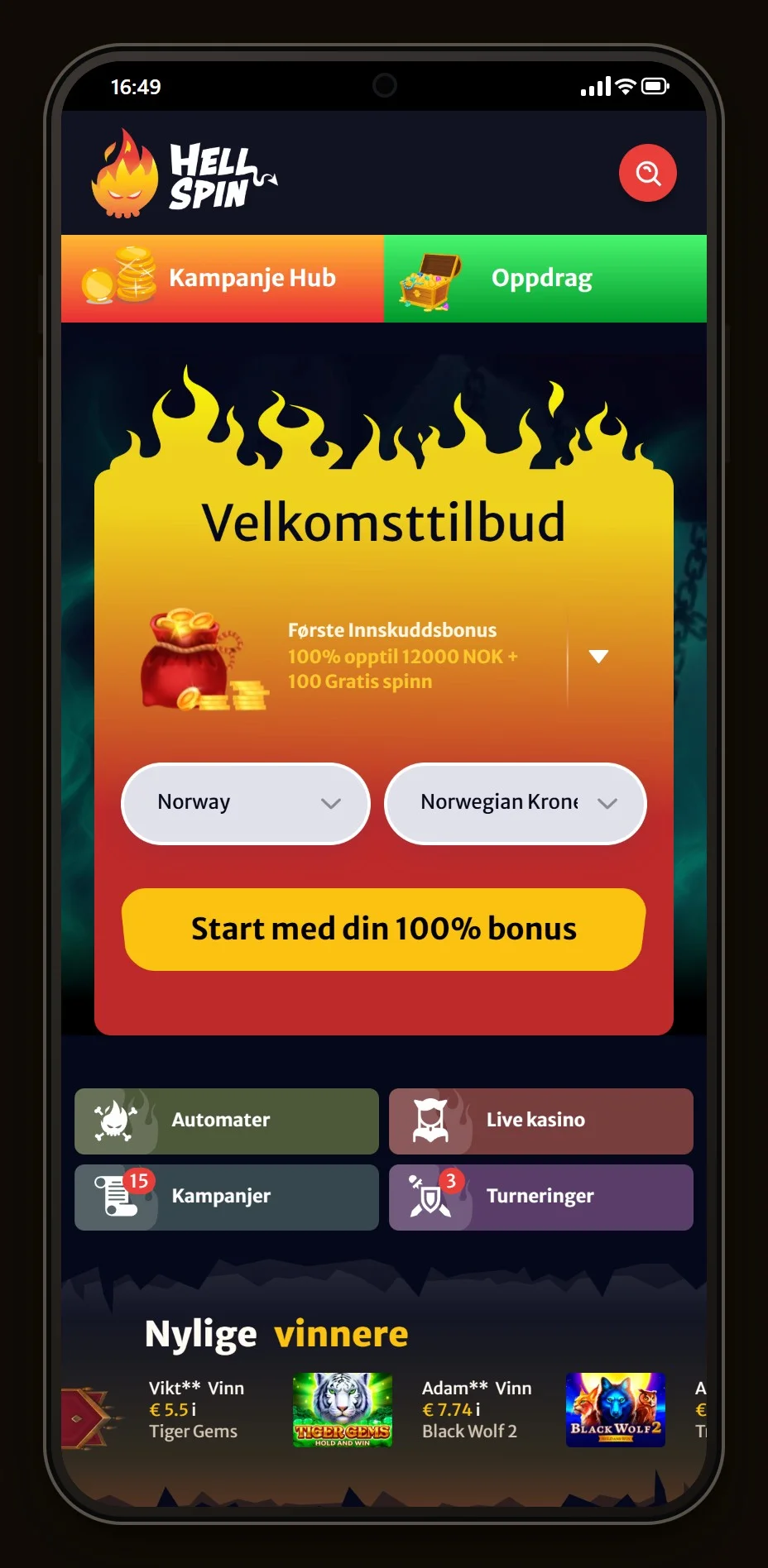 casino med jeton: forsiden til casinoet HellSpin