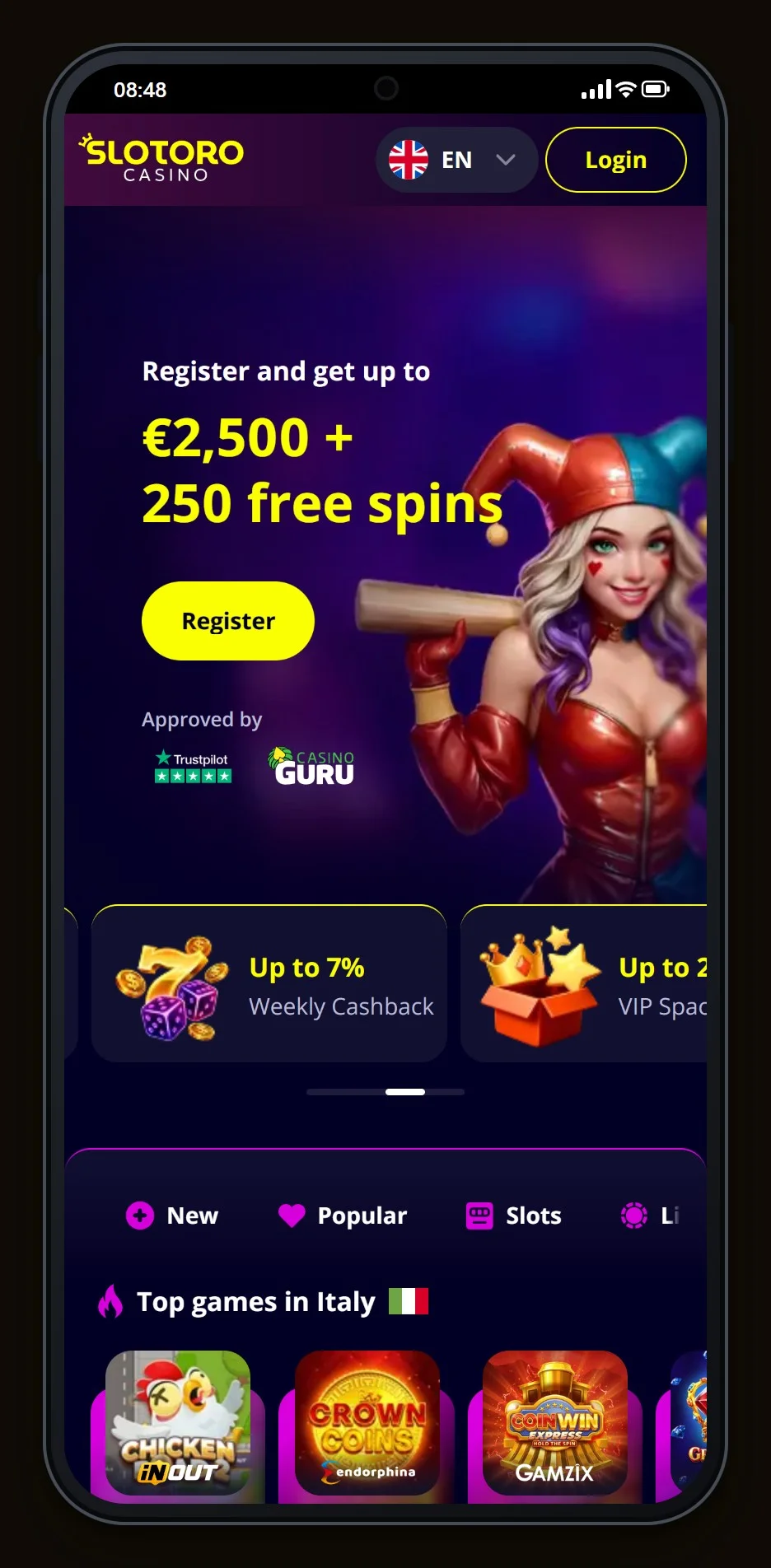 jeton casino: startsidan på casinot Slotoro