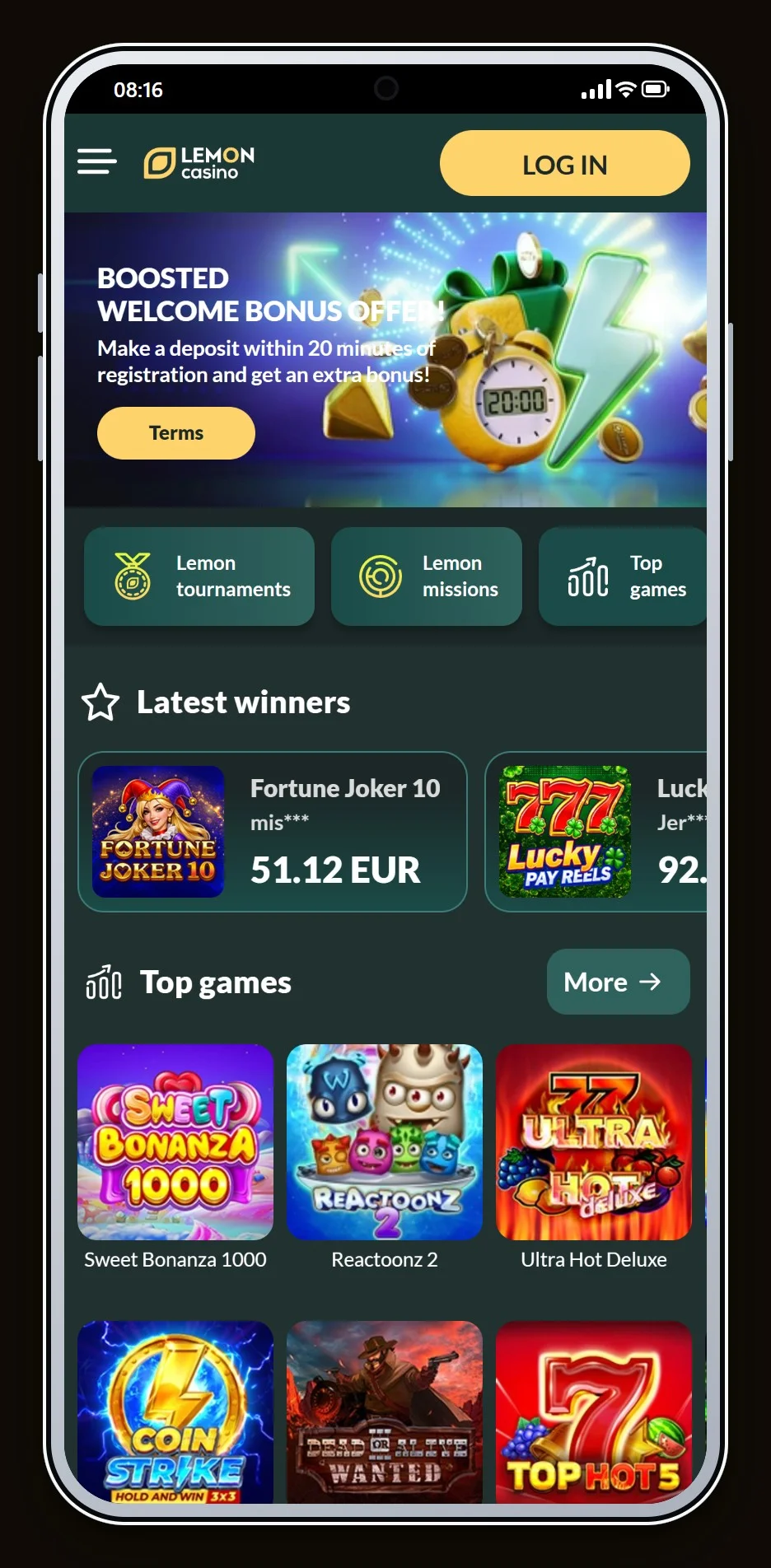 jeton online casinos: the Lemon Casino casino lobby